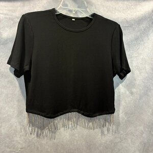 NLife Nashville Glitter Fringe Short Sleeve Crop Top NWOT